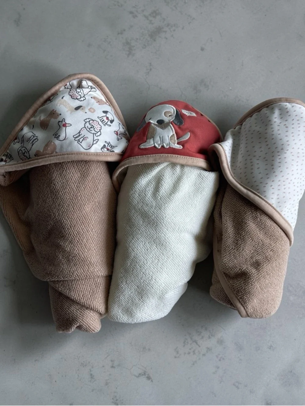 3 Baby Hooded Towels Dog Puppy Print Neutral Beige Cream Bath Towel Lot